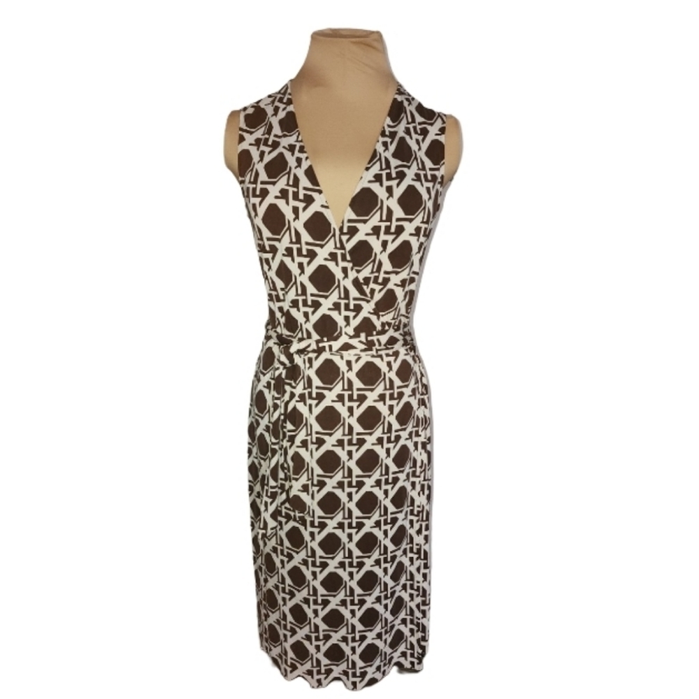Diane‎ Von Furstenberg JUDE Silk Wrap Dress Brown Ivory Geometric Print Size 6